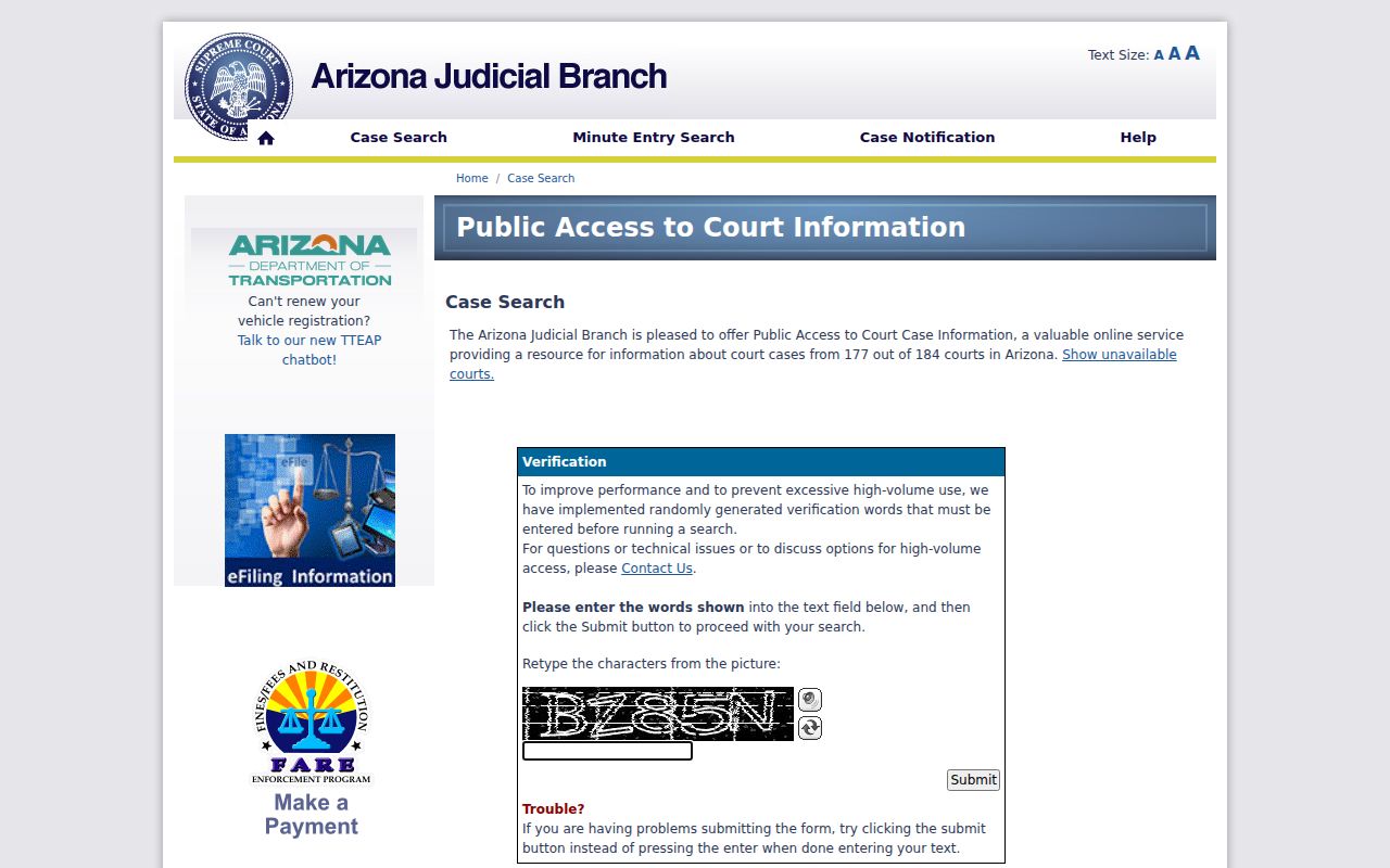 Arizona Public Access case search fields used for Mohave County active warrant context