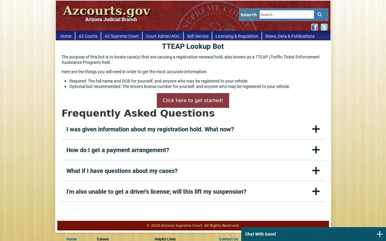Arizona TTEAP lookup fields for a Mohave County traffic court obligation
