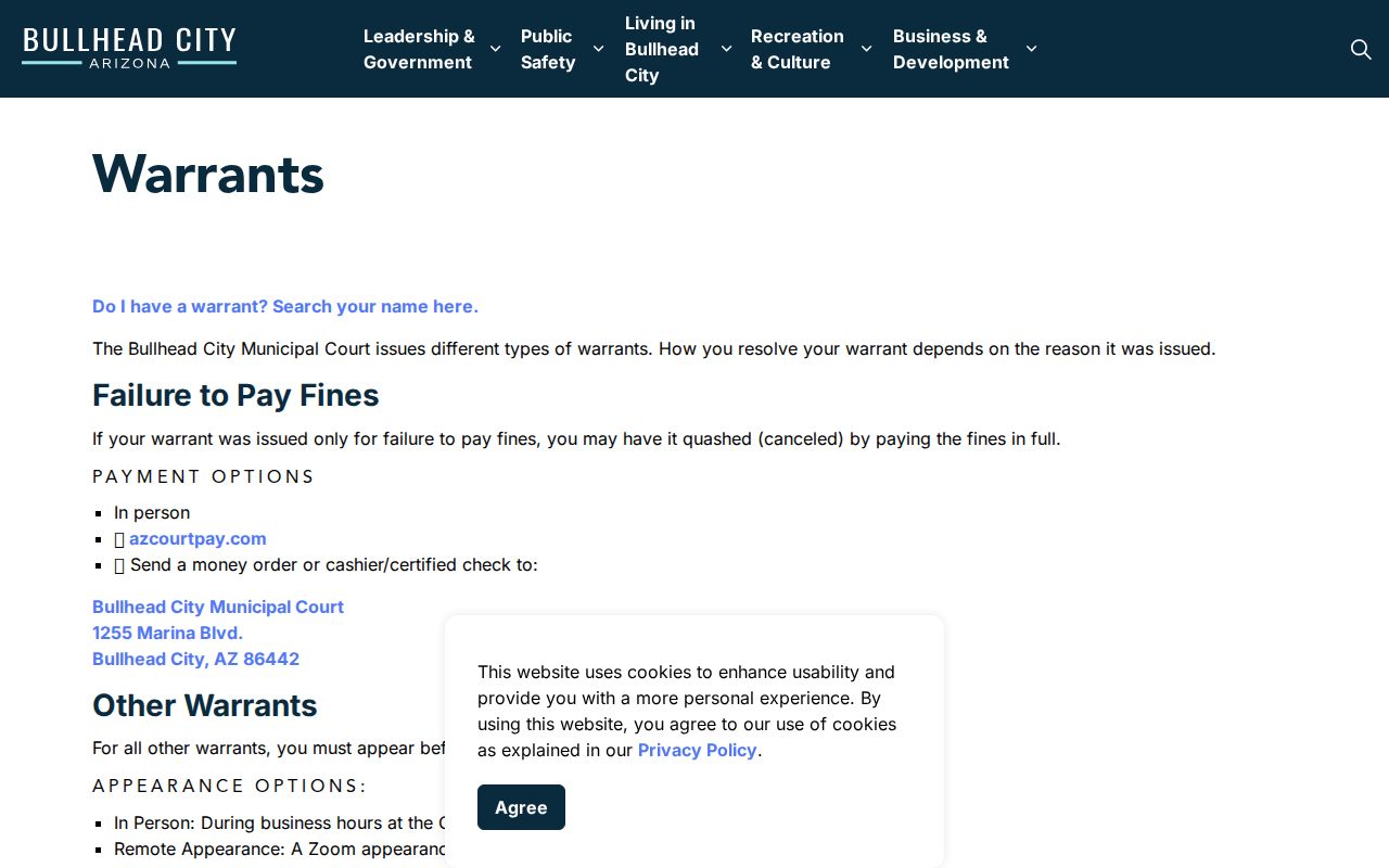 Bullhead City warrant instructions separating failure-to-pay warrants from judge appearances