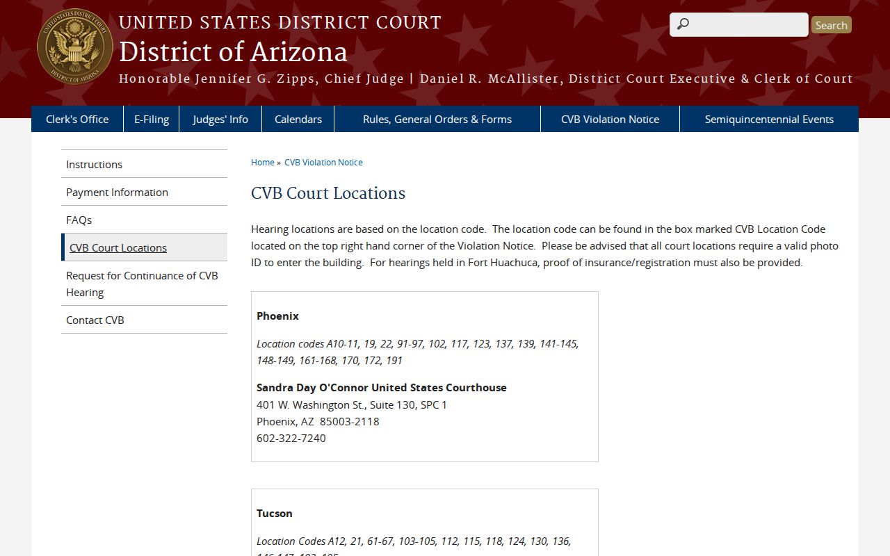 District of Arizona federal Kingman CVB court location listing